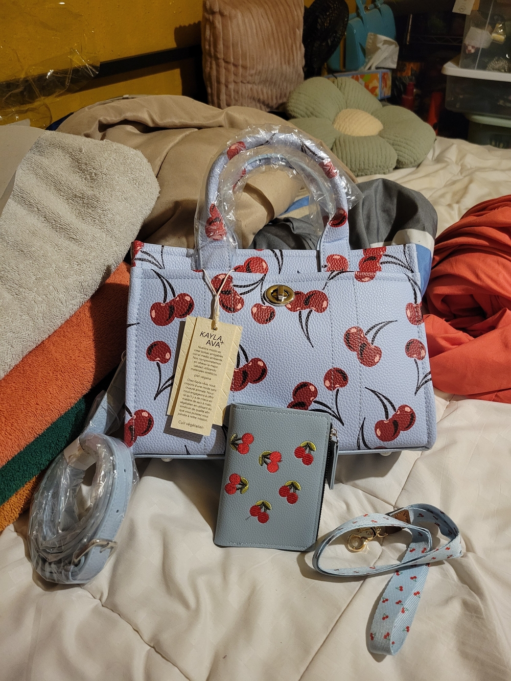 Light Blue Cherry Print Tote Bag with Matching Wallet